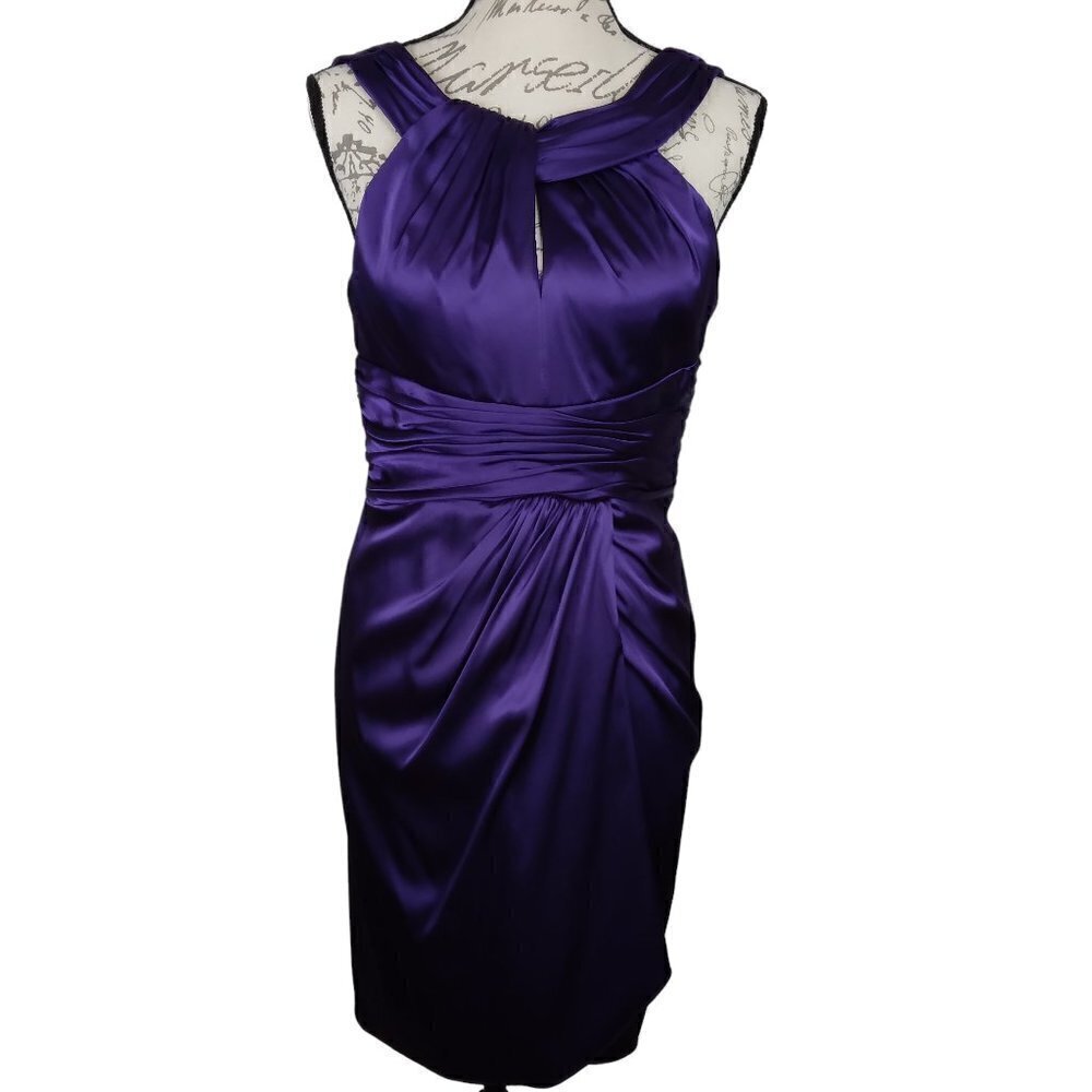 NWT Adrianna Papell Evening | Purple Satin Keyhole Halter Ruched Dress | Sz 10P